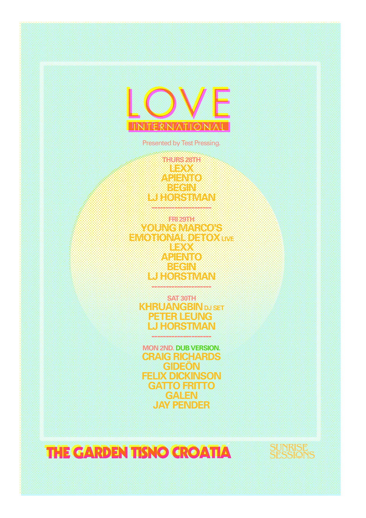 Love International, Craig Richards, Felix Dickinson, Morning, Sessions, Test Pressing, Begin, Young Marco, Lexx, LJ Horstman,